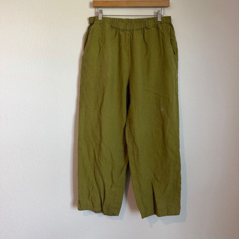 Flax Olive Green Linen Pull-On Straight Leg Cropped Pants Women's Size Medium